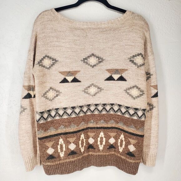 AEO American Eagle Neutral Aztec Southwest Knit Sweater Wool Blend Size Medium - Picture 6 of 7